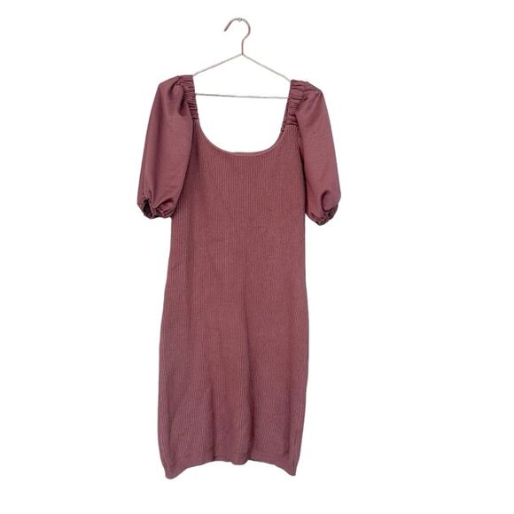 On Twelfth ribbed dusty rose with silky puff sleeve elastic neck sweater dress - Picture 1 of 6